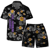 Los Angeles Lakers Black Blossom Hawaiian Shirt Front With Short - TeeAloha