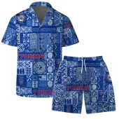 Philadelphia 76ers Blue Tile Pattern Hawaiian Shirt=front With Short - TeeAloha