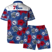 Philadelphia 76ers Hibiscus Bloom Hawaiian Shirt Back With Short - TeeAloha