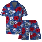 Philadelphia 76ers Hibiscus Bloom Hawaiian Shirt Front With Short - TeeAloha