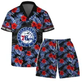 Philadelphia 76ers Tropical Hibiscus And Logo Hawaiian Shirt Front With Short - TeeAloha