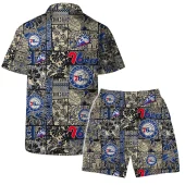 Philadelphia 76ers Vintage Black And Gold Hawaiian Shirt Back With Short - TeeAloha