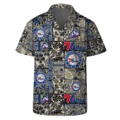 Philadelphia 76ers Vintage Black And Gold Hawaiian Shirt Front - TeeAloha