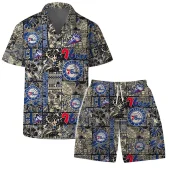 Philadelphia 76ers Vintage Black And Gold Hawaiian Shirt Front With Short - TeeAloha