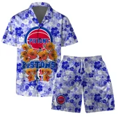 Detroit Pistons Floral Breeze Hawaiian Shirt Front With Short - TeeAloha