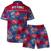 Detroit Pistons Hibiscus Heat Hawaiian Shirt Back With Short - TeeAloha