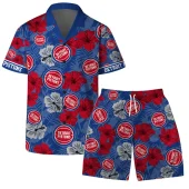 Detroit Pistons Hibiscus Heat Hawaiian Shirt Front With Short - TeeAloha